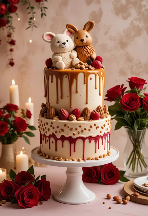 (medium full shot) of A caramel beige ice cream cake red velvet cake with jelly filled, animal-shaped shape, candied nuts, icing patterns , placed on a floral stand, located in  a fun anniversary celebration, featuring themed decor, warm lighting, cozy seating, personalized touches, Masterpiece,best quality, photo, realistic, very aesthetic,