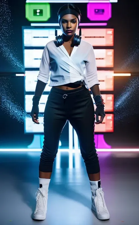 fashion photography, full body portrait, woman, pl3stic, brown eyes, short black hair, white shirt, single forearm glove, headband, pants, shoes, headphones around neck, sitting, surrounded by holographic computer screens, science fiction <lora:plasticMEC-10v9:1>