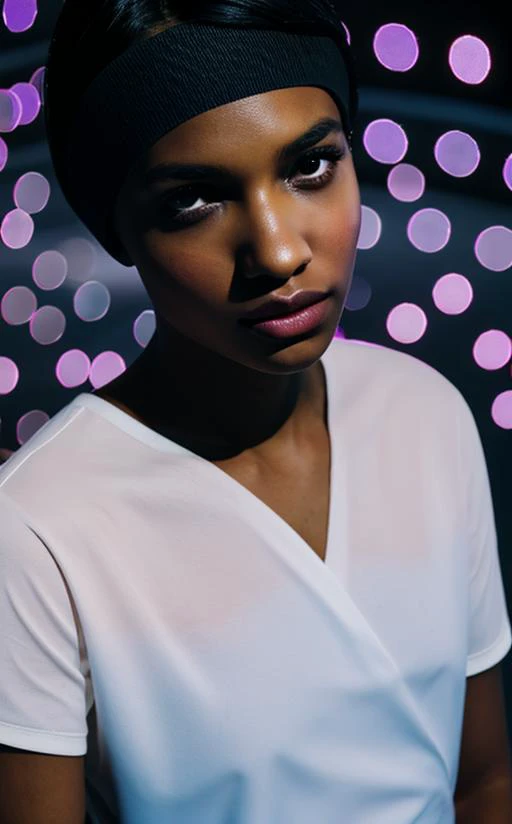 fashion photography, portrait, pl3stic, brown eyes, black hair, short hair, headband, minimalist holographic background <lora:plasticMEC-10v9:1>