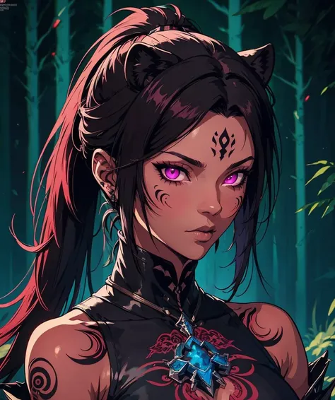 (best quality, masterpiece:1.1), vivid colors, woman wearing Magepunk fashion, Ebony skin, Violet eyes, Burgundy Low ponytail, Lion tattoo, Glowing Forest background || portrait, character art, masterpiece, 8k, high resolution, shallow depth of field, sharp focus