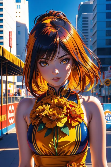 1girl, awardwinning portrait, crowded city street and Interplanetary dust in background, award winning, close up of a Capricious Arcane Dark ages ([hypercar:Marigold:3]:1.3) , it is covered in Fire, it is with Foolish accessories, at Unsightly Skate park, Hazy conditions, shallow depth of field, Realistic, Light, Cryptidcore, rim light, F/1.8, Fujicolor, Ebru, caustics, extremely beautiful, contest winner, pleasant, symmetry