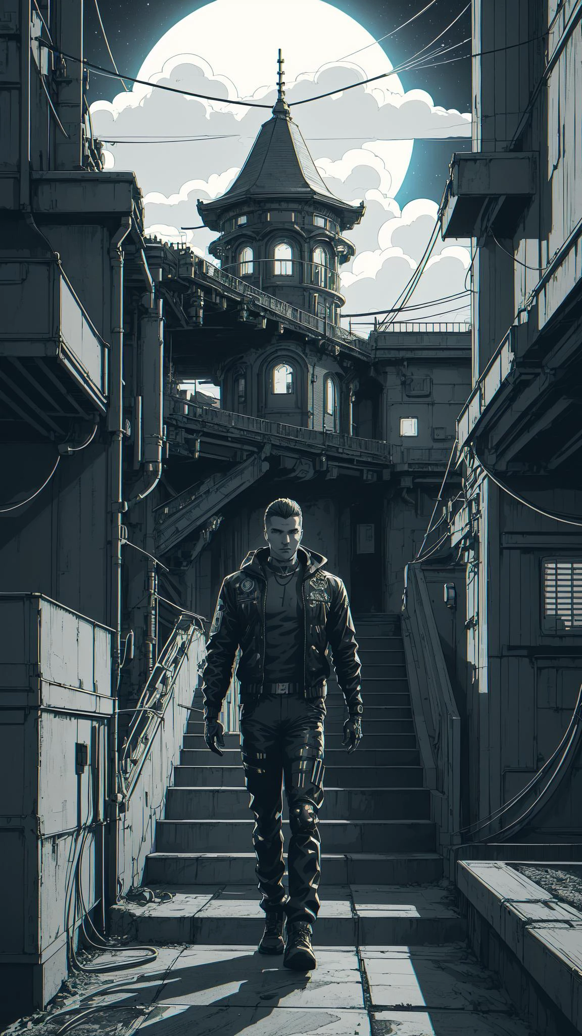 masterpiece, official art, Wave Art Style, (masterpiece, best quality, ultra-detailed, highres), bridge, building, chimney, cloud, fantasy, house, night, night sky, no humans, outdoors, scenery, sky, stairs, star , (sky), starry sky, tree, high detailed, 8k, outrun, electric light wires, ultra sharp, extremely detailed, Photorealistic","wallpaper, 1boy, solo, male focus, tattoo, monochrome, cyberpunk, (chromatic aberration), detailed background, mechanical parts, cable, indoors