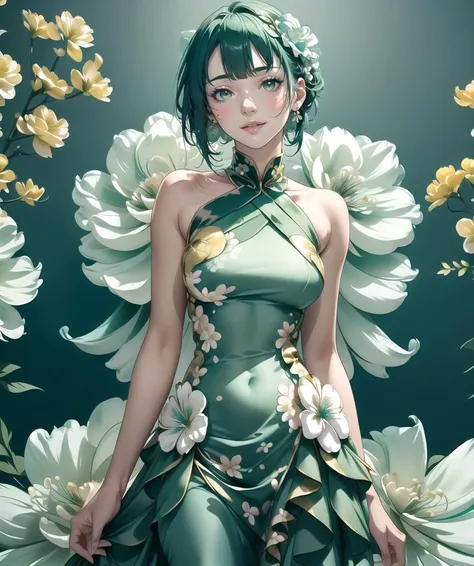 8k, Best Quality, Masterpiece, Super Detail, tilt angle, (1girl with turquoise hair), full length, goldenrod eyes, Undercut, flowers (Tulip:0.5), (light smile:0.5), happy, looking at viewer, (green floral dress:1.3), simple background, still life <lora:floral dress:1.3>