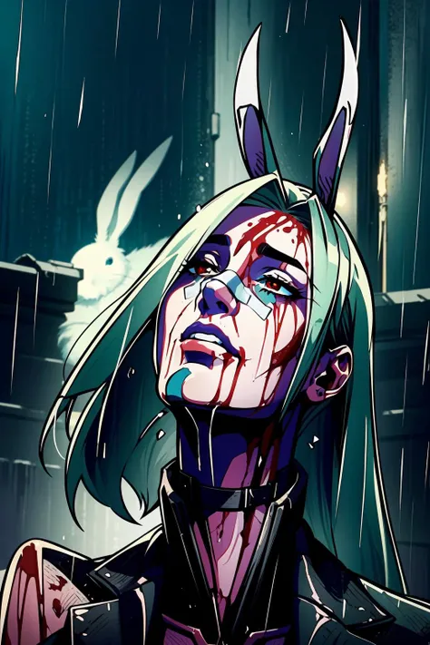 (solo, 1girl,) long green hair, red eyes, white rabbit ears, bunny ears, <lora:age_slider_v2:4>, bunny ears, <lora:yllicft:0.7> yllicft, solo, rain, injury, blood on face, bandaid on face, bandaid on nose, looking up