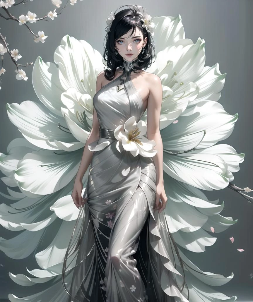 8k, Best Quality, Masterpiece, Super Detail, diagonal angle, (1girl with titanium hair), full length, oil-slick eyes, Undercut, flowers (Hyacinth:0.5), (light smile:0.5), happy, looking at viewer, (titanium floral dress:1.3), simple background, still life <lora:floral dress:1.3>