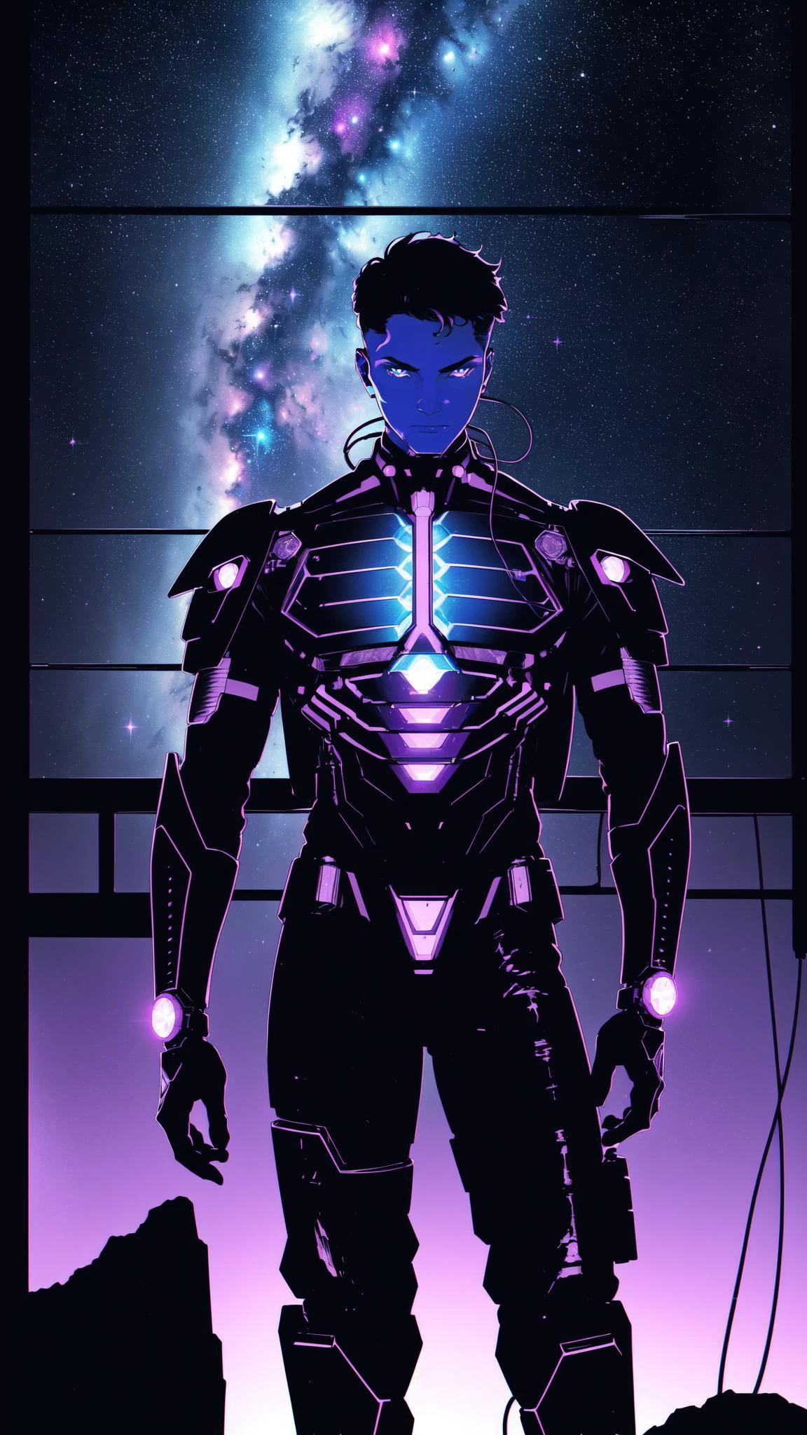 silhouette of a man, standing on a cliff, night sky, extremely colorful nebula in sky, high contrast, iridescent, accurate depth of field, artistic masterpiece, 8k, uhd, intricate detail, colorful","wallpaper, 1boy, solo, male focus, tattoo, monochrome, cyberpunk, (chromatic aberration), detailed background, mechanical parts, cable, indoors