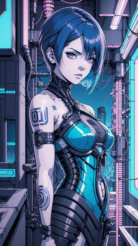 short hair, Electric blue hair:1.1, portrait, lady, brown eyes, deep purple Off-the-shoulder top/dress, urban city background, pastel, ultra detailed background","wallpaper, 1boy, solo, male focus, tattoo, monochrome, cyberpunk, (chromatic aberration), detailed background, mechanical parts, cable, indoors