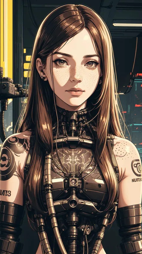 best quality, masterpiece, (detailed:1.2),1girl, solo, realistic, long hair, brown hair, looking at viewer, freckles, lips, outdoors, day, portrait, nose, closed mouth, upper body","wallpaper, 1boy, solo, male focus, tattoo, monochrome, cyberpunk, (chromatic aberration), detailed background, mechanical parts, cable, indoors