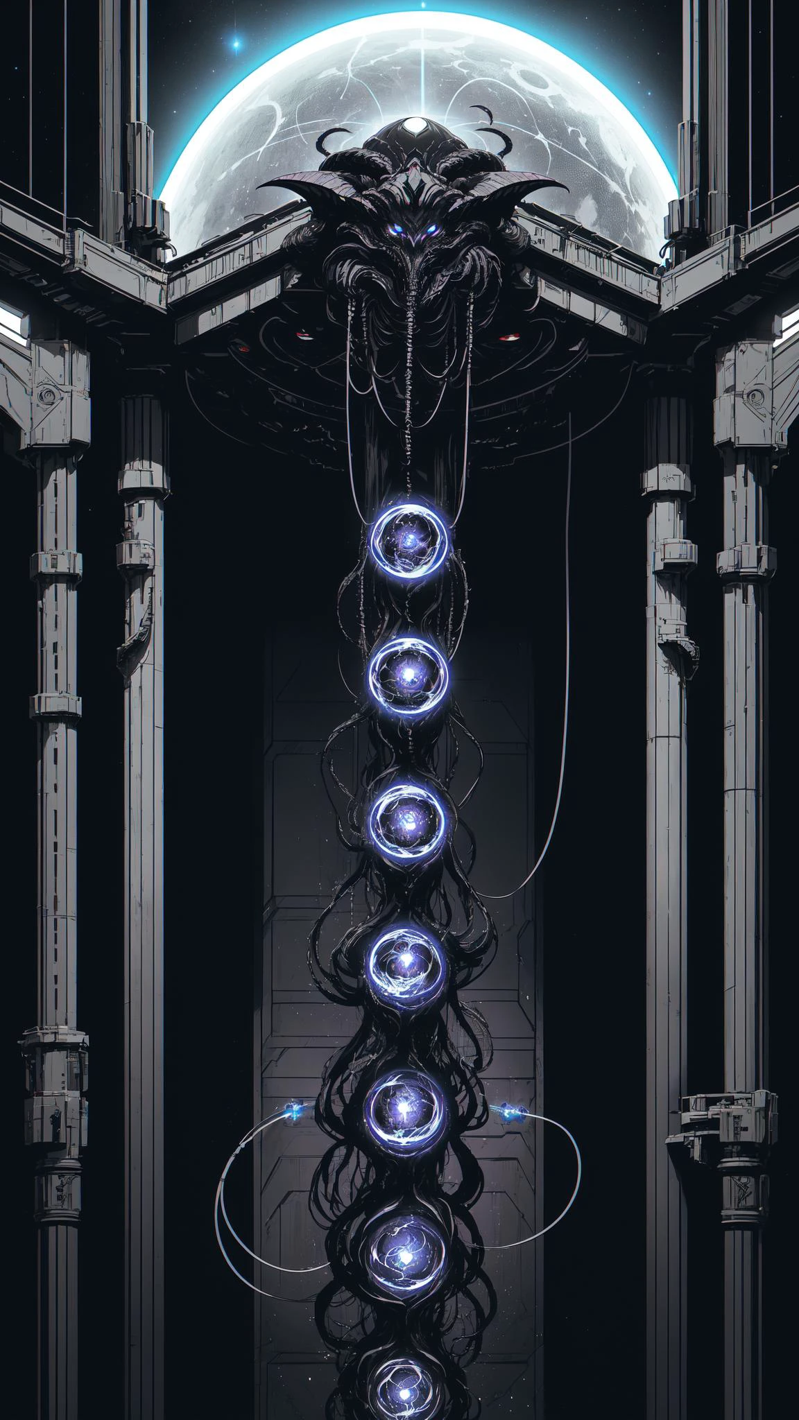 Digital art inspired by the cosmic horrors found in the works of Algernon Blackwood. An enigmatic space horror takes the form of a colossal eye within a grand sphere. Eldritch entities, reminiscent of Blackwood's creations, emerge as Cthulhu ominously consumes the sun, Thousands of humanity's last defenders, along with starships, embark on a desperate mission to thwart this cosmic threat. Crafted in mesmerizing high definition 8K, the celestial battleground unfolds against the backdrop of the Milky Way, partially obscured by cosmic shadows. Mind flayers, illithids, and abyssal demons inhabit deep space, engaging in a profound cosmic struggle, signaling an impending cataclysm","wallpaper, 1boy, solo, male focus, tattoo, monochrome, cyberpunk, (chromatic aberration), detailed background, mechanical parts, cable, indoors