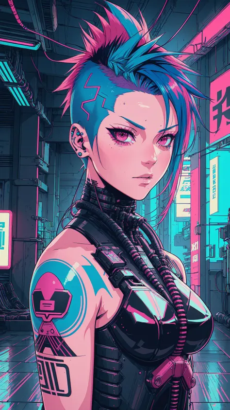 Virtual Realism, A girl with short multicolored pink teal and blue hair faux hawk style, red eyes, outdoors, cyberpunk city, she has shaved hair, mohawk style","wallpaper, 1boy, solo, male focus, tattoo, monochrome, cyberpunk, (chromatic aberration), detailed background, mechanical parts, cable, indoors