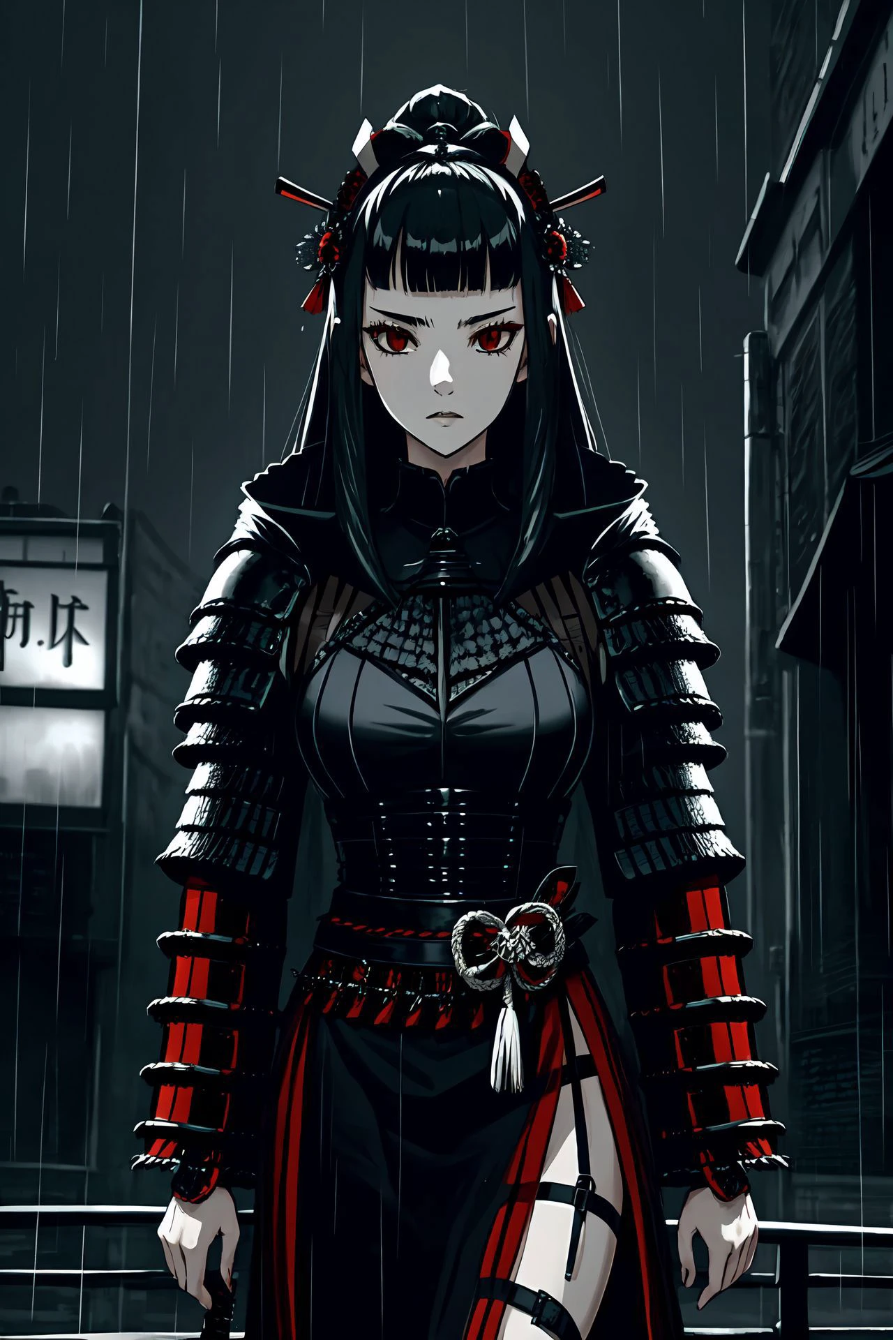 (sfw:1.2) scared woman wearing elegant haute couture samurai armor, noir haute couture structure, rain