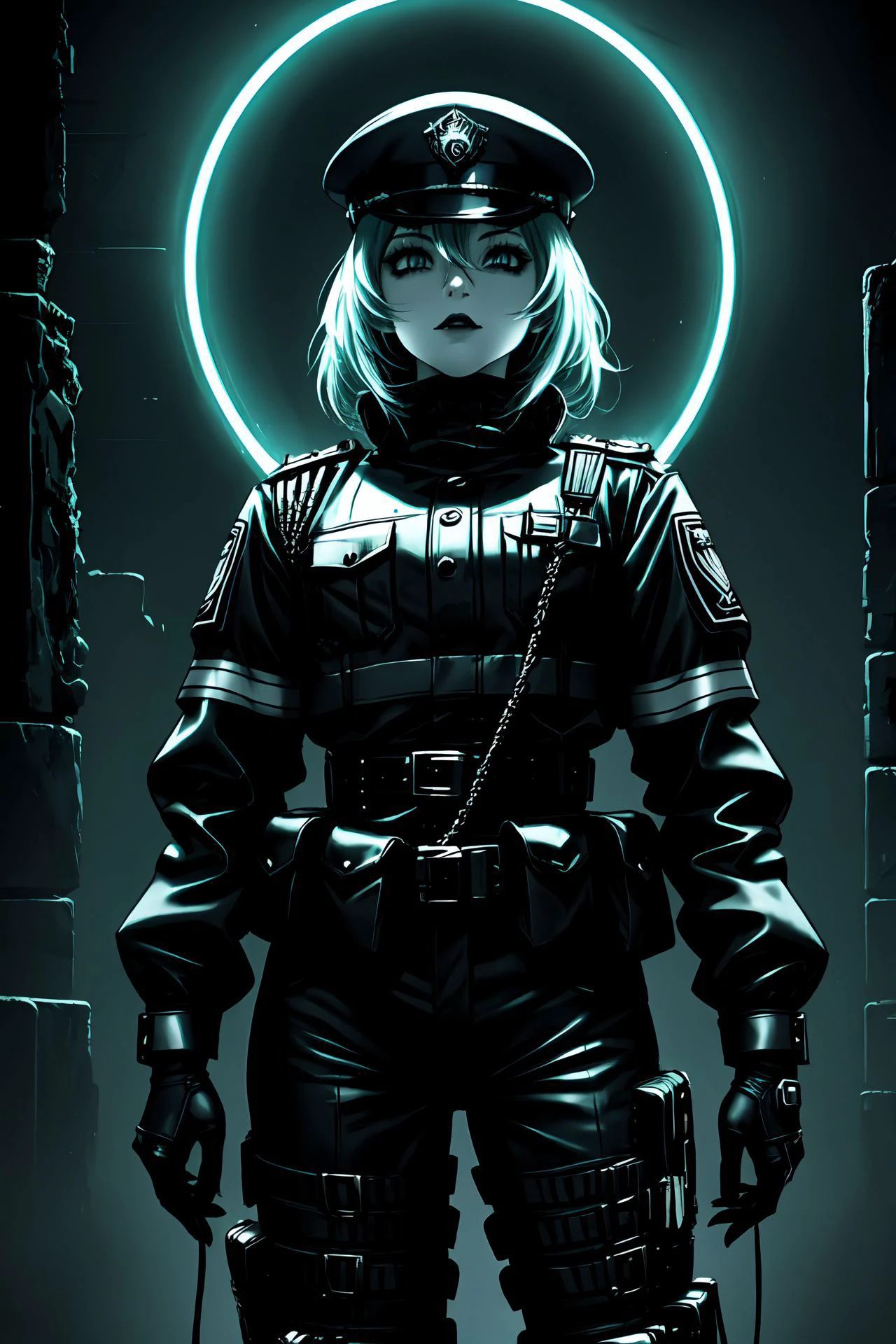 (sfw:1.2) ecstatic caucasian girl wearing tight utopian riot police uniform, bizarre gothic utopian background, visual kei, neon&ebony-matte-style