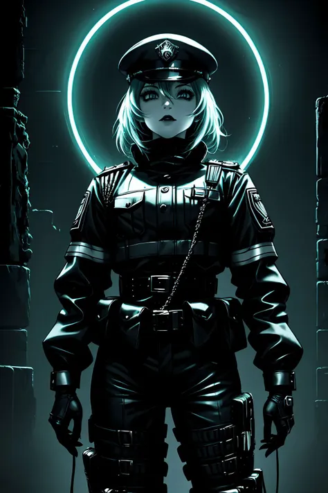 (sfw:1.2) ecstatic  caucasian girl wearing tight utopian riot police uniform, bizarre gothic utopian  background, visual kei, neon&ebony-matte-style