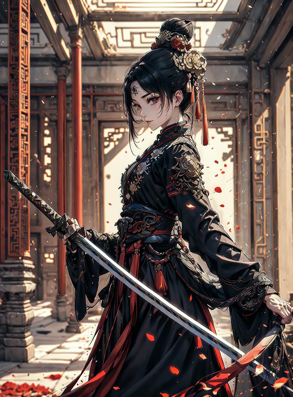 A woman in a black dress holding a sword in a room - SeaArt AI