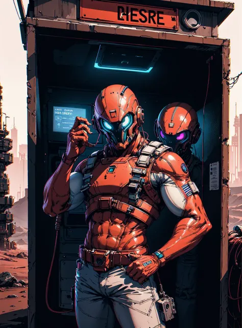 cinematic photo wide shot, full frame, cinematic still, hdr, analog raw photo of an alien standing inside an old telephone booth on mars, holding the old fashioned hand set to his ear and talking, hyperdetailed, 4k, uhd, masterpiece art by Angus McKie. 35mm photograph, film, bokeh, professional, 4k, highly detailed