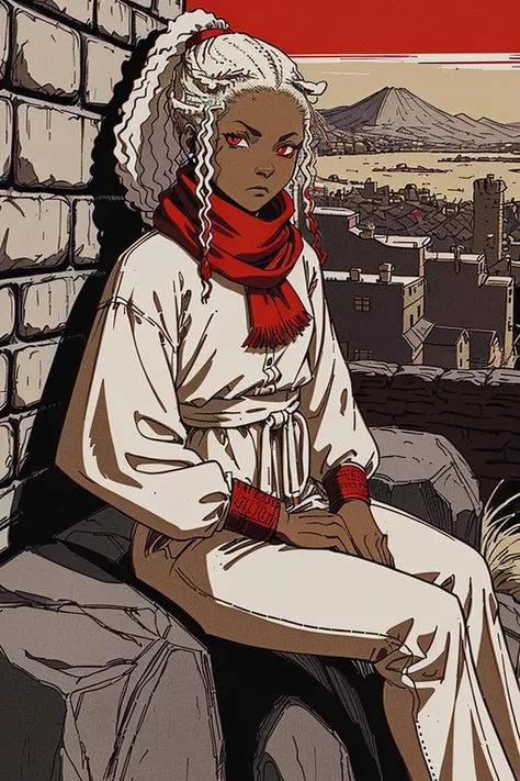 a black African-American woman with white hair in an afro ponytail, red eyes, wearing a red scarf and beige clothes with red embroidery, sitting on a stone wall, overlooking a small city