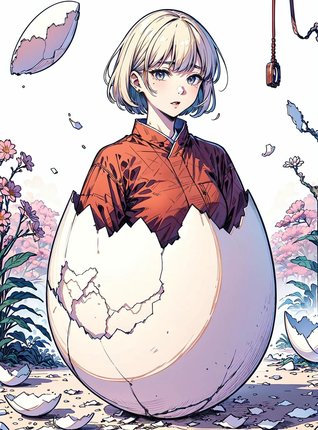hatching, eggshell, 50yo woman (èè©©å©:1.3) <lora:concept_hatching-v2:1>