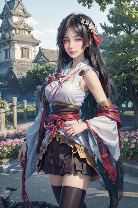 (NANKO_FURAKU! :0)
,(8k raw photo, realistic , photo realistic:1.5)
,(ultra-detailed black hair, many detailed tangle hair streak)
 ,looking at viewer,cowboyshot,(standing:1.2),dynamic angle
,(Japanese castle background,flower garden:1.2)
, <lora:odawara_v1:0.6>odawara,dark green hair,long hair,white japanese clothes, obi,hair ornament, white thighhighs, boots,blown miniskirt, kote, sleeveless,Big red ribbon on the chest