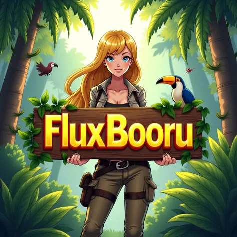 An anime-style illustration featuring a confident blonde woman standing in the foreground of a vibrant jungle scene. Her long, flowing golden hair has subtle highlights, and her expressive blue eyes radiate warmth. Sheâs dressed in a sleek, adventurous outfit with earthy tones and jungle-inspired patternsâperhaps a light jacket with leather details, cargo pants, and sturdy boots. In her hands, she holds a sign that boldly displays the text "FluxBooru" in bright, organic typography with vines and leaves subtly intertwined around the letters. The background is a lush, dense jungle filled with towering trees, hanging vines, and vibrant tropical plants. Soft sunlight filters through the canopy, creating dappled lighting that highlights the woman and the sign. The overall scene is full of life and energy, with exotic birds and small animals peeking through the foliage, enhancing the vibrant jungle atmosphere.|SPLIT|Lush jungle with towering trees, hanging vines, vibrant tropical plants, soft sunlight filtering through the canopy; exotic birds and small animals peeking through foliage.