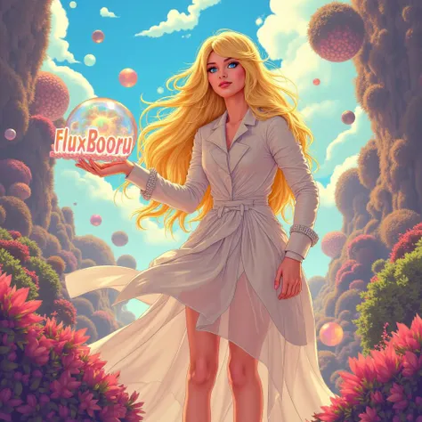 An anime-style illustration featuring a confident blonde woman standing in a surreal, dreamlike landscape. Her long, flowing golden hair has an ethereal glow, and her expressive blue eyes shimmer with a sense of mystery. She wears an unusual, flowing outfit that blends elegant, translucent fabrics with surreal elementsâperhaps her jacket fades into swirling mist, and her dress is patterned with shifting colors. In her hands, she holds a strange, floating sign that displays the text "FluxBooru" in distorted, glowing typography, as if bending under the weight of its own reality. The background is a vast, otherworldly sceneâa blend of floating islands, twisting pathways, and impossible architecture. Large, luminous orbs hover in the sky, casting eerie, multicolored light over the scene. Strange plants with translucent leaves and surreal, abstract shapes add to the dreamlike atmosphere. The lighting feels soft and diffuse, as if the whole scene is bathed in an unreal glow, heightening the sense of mystery and wonder.|SPLIT|Surreal, dreamlike landscape with floating islands, impossible architecture, luminous orbs in the sky, strange translucent plants, soft diffuse light creating an unreal atmosphere., kdny_body_flux