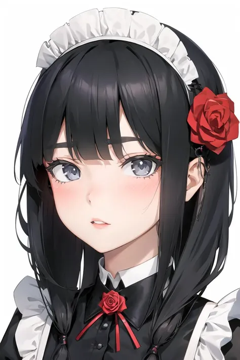 1girl, maid_headdress, solo, rose, flower, maid, grey_eyes, hair_flower, bangs, looking_at_viewer, white_background, black_flower, simple_background, collared_shirt, eyebrows_visible_through_hair, parted_lips, hair_ornament, black_rose, portrait, shirt, cropped_shoulders <lora:style_HAPPOBIJIN:0.8>