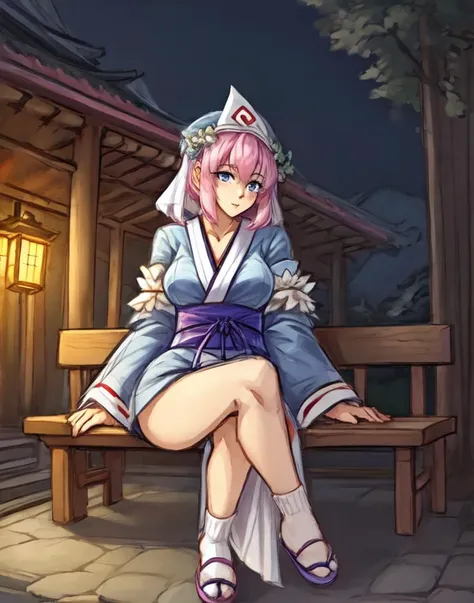 ((digital art, sketch, human)), BREAK, <lora:yuyuko:1>, yuyuko, (grey eyes:1.5), pink hair,BREAK ,japanese clothes, slippers, triangular headpiece, sleeves, white socks, mature female, zouri, BREAK,tired, bedroom eyes, raised leg, (sitting on bench, outside of shrine, dimly lit room, dark lighting)
<lora:style_HAPPOBIJIN:0.8> <lora:fluffyrock-quality-tags-v4.rc11.5:1>