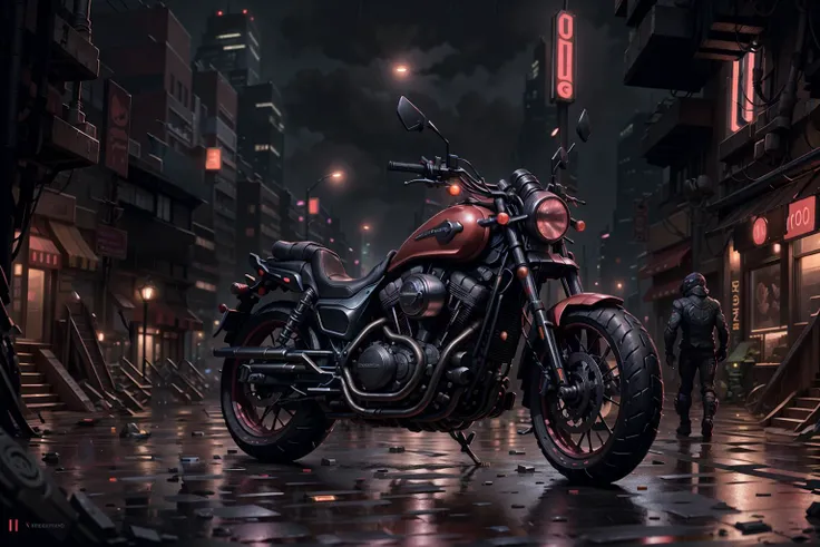 <lora:TalDarimAI:.9> TalDarimAI only motorbike in cyberpunk street city at night neons rain fog, intricate, detailed
