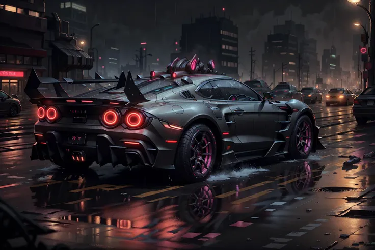 <lora:TalDarimAI:.9> TalDarimAI sport car in cyberpunk street city at night neons rain fog, intricate, detailed