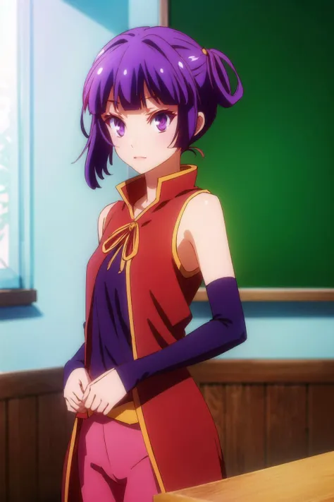 chlammyzell, <lora:chlammy zell s1-lora-nochekaiser:1>, chlammy zell, long hair, (purple eyes:1.1), purple hair, bangs, blunt bangs, twintails, hair rings, BREAK detached sleeves, cameltoe, bridal gauntlets, gloves, dress, elbow gloves, BREAK indoors, classroom, BREAK looking at viewer, (cowboy shot:1.5),, BREAK (masterpiece:1.2), best quality, high resolution, unity 8k wallpaper, (illustration:0.8), extremely detailed face, perfect lighting, extremely detailed CG, (perfect hands, perfect anatomy), (masterpiece, best_quality, ultra-detailed, immaculate:1.3), epic, illustration, render, <lora:GoodHands-vanilla:1.2>, <lora:colorize:1>,