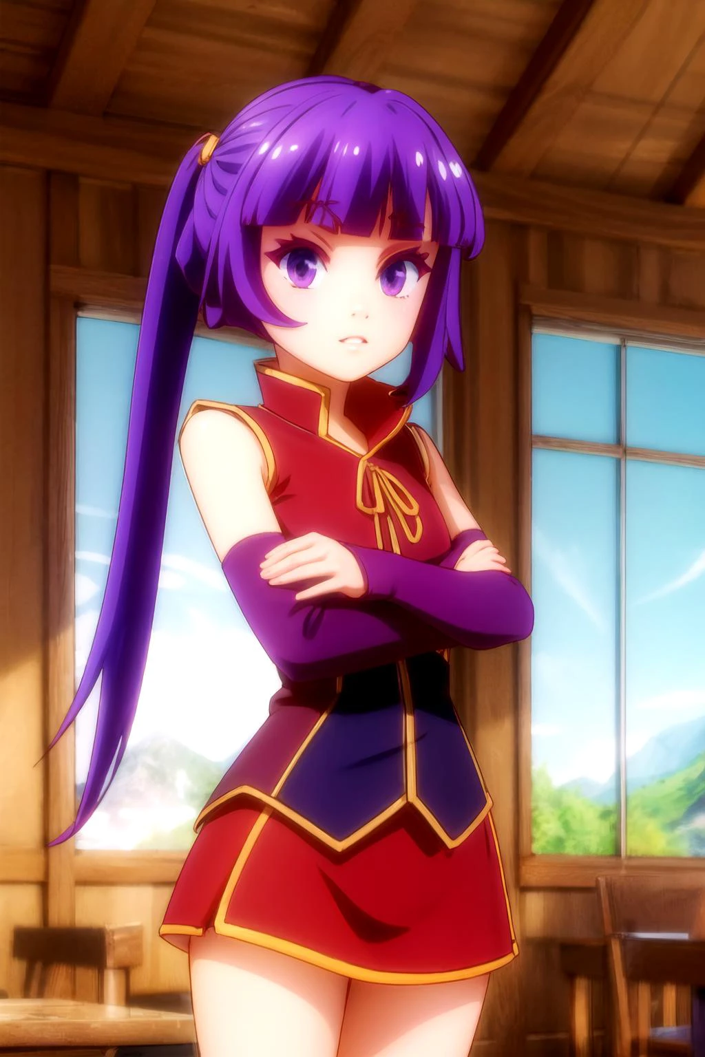 chlammyzell, <lora:chlammy zell s1-lora-nochekaiser:1>, chlammy zell, long hair, (purple eyes:1.1), purple hair, bangs, blunt bangs, twintails, hair rings, BREAK detached sleeves, cameltoe, bridal gauntlets, gloves, dress, elbow gloves, BREAK indoors, classroom, BREAK looking at viewer, (cowboy shot:1.5),, BREAK (masterpiece:1.2), best quality, high resolution, unity 8k wallpaper, (illustration:0.8), extremely detailed face, perfect lighting, extremely detailed CG, (perfect hands, perfect anatomy), (masterpiece, best_quality, ultra-detailed, immaculate:1.3), epic, illustration, render, <lora:GoodHands-vanilla:1.2>, <lora:colorize:1>,