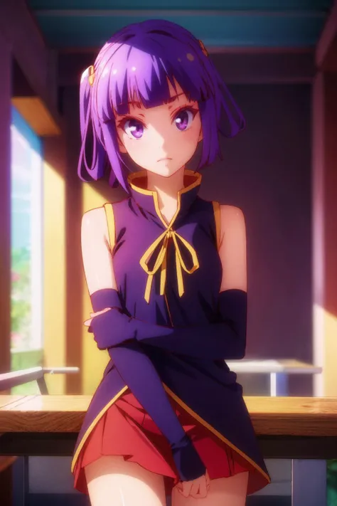 chlammyzell, <lora:chlammy zell s1-lora-nochekaiser:1>, chlammy zell, long hair, (purple eyes:1.1), purple hair, bangs, blunt bangs, twintails, hair rings, BREAK detached sleeves, bridal gauntlets, gloves, dress, elbow gloves, BREAK indoors, classroom, BREAK looking at viewer, (cowboy shot:1.5),, BREAK (masterpiece:1.2), best quality, high resolution, unity 8k wallpaper, (illustration:0.8), extremely detailed face, perfect lighting, extremely detailed CG, (perfect hands, perfect anatomy), (masterpiece, best_quality, ultra-detailed, immaculate:1.3), epic, illustration, render, <lora:GoodHands-vanilla:1.2>, <lora:colorize:1>,