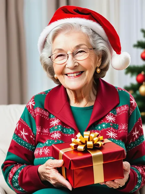 Grandma with a very nice smile holding a gift.  holiday style.