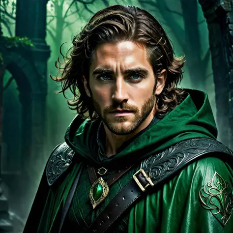 Jake Gyllenhaal {model}, Warlock, occult, muscular, medium hair, wavy hair, young man, short length hair, bearded, dark green cloak, dark green hood, black details, exquisite details, black leather belts, backlit, intricate details, slate atmosphere, dimmed colors, spooky, insane details, dramatic, HDR, (dark shot:1.17), shadow, {best quality}, hyper-realistic design, cinematic, creepy, scary, muted colors, green smoke, anxiety, gothic library, library