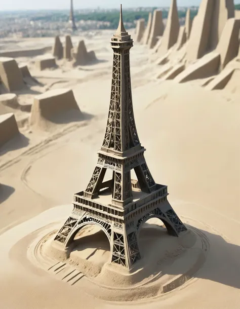 DonMS4ndW0rldXL, Eiffel Tower, made of sandstone,  made of sand <lora:DonMS4ndW0rldXL:1>
