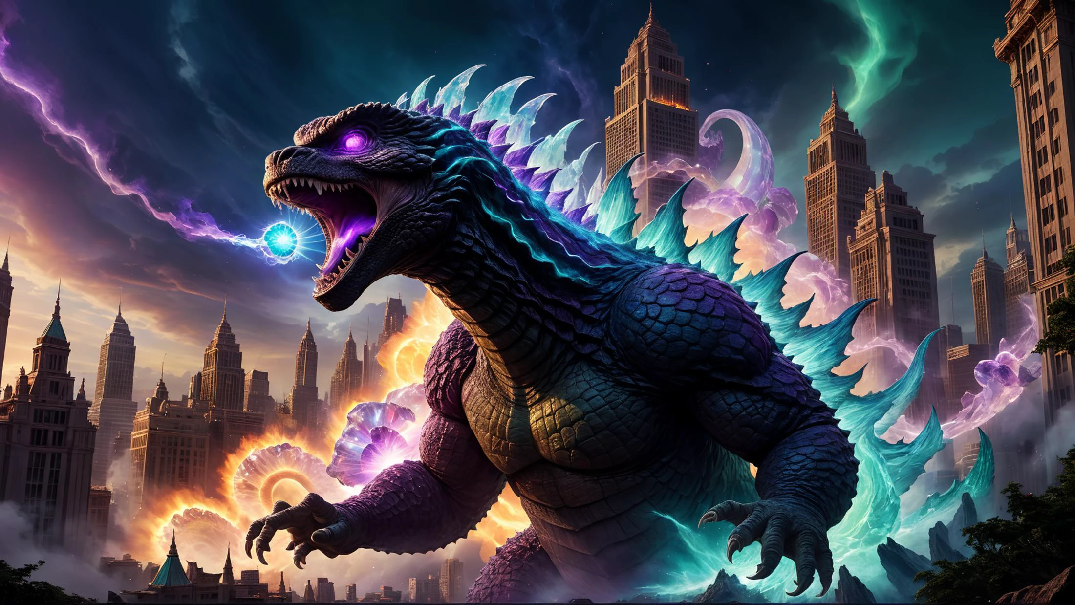 wide shot of godzilla rampaging in mythos fantasy cityscape, swirling vortex of iridescent light, magic, luminescent power, quartz, amethyst, opal, mixed colors, jade, magical wraith, Godzilla spewing raw energy from its mouth, time long forgotten, mystical, unique forms of crystal shapes, (masterpiece:1.2), (epic composition:1.4), (talent:1.2), ultra detailed, cinematic lighting, highly detailed, insanely detailed, (photorealistic:1.2), hdr, 8k, exquisite, sharp, elegant, ambient lighting, fantasy vivid colors, high quality, <lora:add-detail-xl:2.5> ,<lora:takma2:0.6>