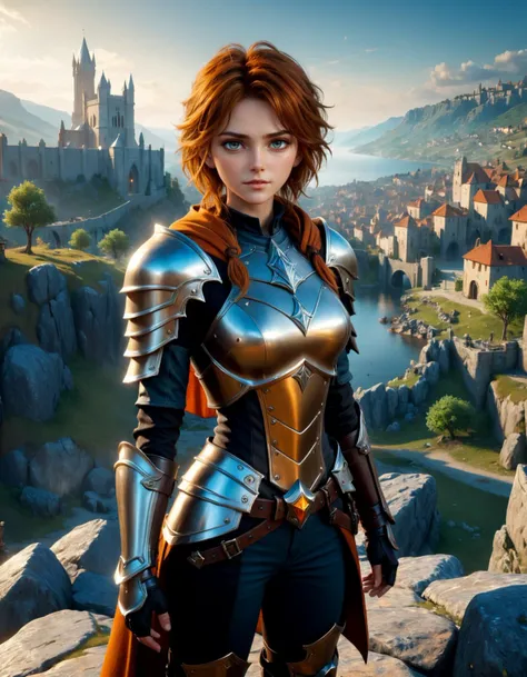 (wide angle:1.3, full body female:1.3), photorealistic:1.2, Fujifilm XT3, 3D render, cinematic composition, high fantasy, RPG character, (far shot of 16 year old girl in explorer outfit standing on a rock overlooking medieval town, armored armor, boots,), Yenna, (medium breasts:0.8), short cape, (intricate details:1.2), orange hair, messy hair, skinny, frail, sweaty, wink, large head, beautiful eyes, large eyes, cute face, symmetric features, detailed hands, perfect hands, <lora:add-detail-xl:0.5>, epic fantasy art, <lora:3DNextGen_JRPG_KMMO_Dim32:0.7>, (masterpiece:1.2), (epic composition:1.4), (talent:1.2), ultra detailed, cinematic lighting, highly detailed, insanely detailed, (photorealistic:1.2), hdr, 8k, exquisite, sharp, elegant, ambient lighting, fantasy vivid colors, high quality,