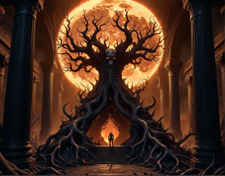 masterpiece, high quality, 4k, 8k, high resolution, best quality, realistic, intricate details, ray tracing, HDR, detailed shadows, dramatic lighting,
And from its reeking darkness
A new kingdom shall ascend
Erected on the pillars
Of the ever-burning underworld
Can't you see the twisted branches
Of the tree of death?
Rising now in putrid doom
At the center of the world!