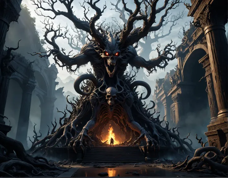 masterpiece, high quality, 4k, 8k, high resolution, best quality, realistic, intricate details, ray tracing, HDR, detailed shadows, dramatic lighting,
And from its reeking darkness
A new kingdom shall ascend
Erected on the pillars
Of the ever-burning underworld
Can't you see the twisted branches
Of the tree of death?
Rising now in putrid doom
At the center of the world!