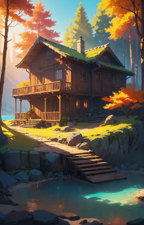 concept art of Cabincore aesthetic, bright colors, stunning background. bathed in sunlight, a mesmerizing blend of light and shadow. masterpiece, absurdres, intricate details, digital artwork, illustrative, painterly, matte painting, highly detailed