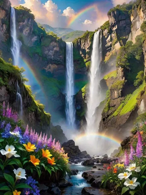 breathtaking a breathtaking paradisiac waterfall cascades down from towering cliffs, its crystal-clear waters sparkling in the golden light of the setting sun. raining Rainbow-hued mist rises from the base of the falls, creating a shimmering veil that dances in the gentle breeze. Wildflowers carpet the landscape in a riot of color, their petals swaying in harmony with the song of the breeze. Above, fluffy clouds drift lazily across the sky, casting dappled shadows that dance with the sun lights across the landscape below. It is a place of pure, unbridled beauty, where the wonders of nature unfold in all their splendor, capture the vibrant hues of the landscape and the ethereal quality of the magic light
,<lora:LCM_LoRA_Weights:1> . award-winning, professional postprocessing, highly detailed