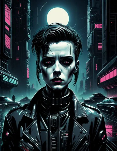 highly detailed, post-punk style illustration, dark and gritty, retro futurism, neo-noir, cyberpunk