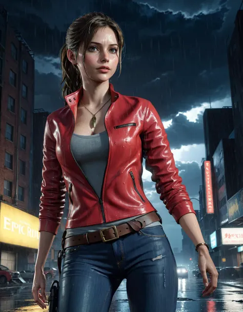 low angle, shiny skin, sweaty, (Claire Redfield wearing red jacket and jeans walking destroyed city, necklace, open jacket, belt, midriff, navel, outdoors, dynamic pose), night, rain, dark sky, cloudy, post apocalyptic, (cleavage:0.7, medium breasts:0.5, large breasts:0.8), :0.3, large head:0.7, skinny:0.5,hourglass shape,sexy, brown hair, ponytail, lips parted, full body portrait, oily skin, perfect skin, highly detailed skin, detailed hands, perfect hands, detailed skin texture, (blush:0.2), (goosebumps:0.3), subsurface scattering, <lora:fix_hands:1> <lora:Claire_Red:0.5>, (masterpiece:1.2), (epic composition:1.4), (talent:1.2), ultra detailed, cinematic lighting, highly detailed, insanely detailed, (photorealistic:1.2), hdr, 8k, exquisite, sharp, elegant, ambient lighting, fantasy vivid colors, high quality,