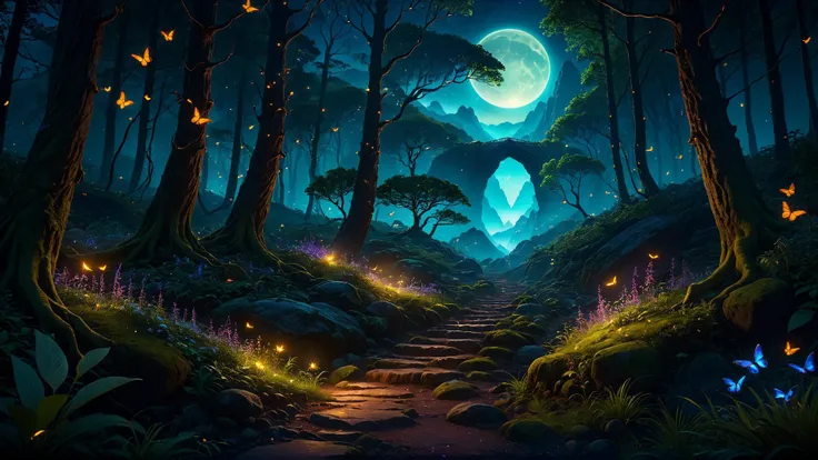 (photorealistic:1.2, Fujifilm XT3), cinematic composition, high fantasy, fantasy landscape, 8K wallpaper, postcard shot of forest, mountain path, night, fireflies, epic fantasy art, abyssaltech, pure energy, magic, idyllic, <lora:add-detail-xl:0.5>, (masterpiece:1.2), (epic composition:1.4), (talent:1.2), ultra detailed, cinematic lighting, highly detailed, insanely detailed, (photorealistic:1.2), hdr, 8k, exquisite, sharp, elegant, ambient lighting, fantasy vivid colors, high quality,