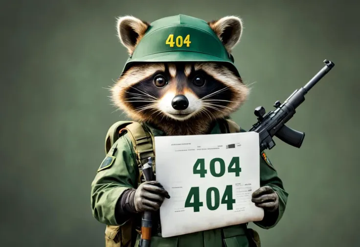 raccoon in a military suit with a weapon
(masterpiece), faceless, dark green camouflage uniform, insignia, black helmet, shows document with "404 error" written on it, HDR, bright colors
