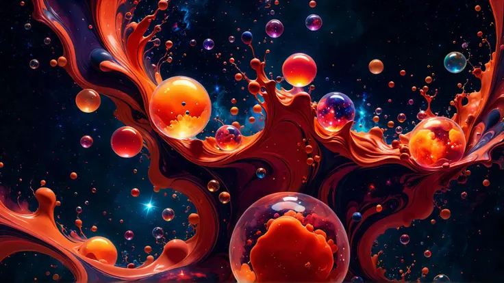 bubbles with stars and nebula behind splattered liquid paint in (lightgray:1.2) colors. Fluid and Powder, Silk, Paint splatter, Vivid, Abstract, Clear, Spotlight, Wallpaper in dark gradient (masterpiece:1.2), (epic composition:1.4), (talent:1.2), ultra detailed, cinematic lighting, highly detailed, insanely detailed, hdr, 8k, exquisite, sharp, elegant, ambient lighting, high quality.