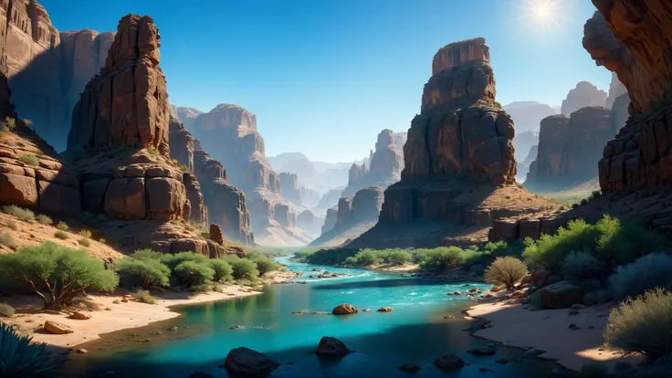 (photorealistic:1.2, Fujifilm XT3), cinematic composition, high fantasy, fantasy landscape, desert, clear blue sky, river canyon surrounded by lush growth, rocks, epic fantasy art, abyssaltech, pure energy, magic, idyllic, <lora:add-detail-xl:0.5>, (masterpiece:1.2), (epic composition:1.4), (talent:1.2), ultra detailed, cinematic lighting, highly detailed, insanely detailed, (photorealistic:1.2), hdr, 8k, exquisite, sharp, elegant, ambient lighting, fantasy vivid colors, high quality,
