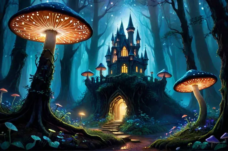 cinematic film still ethereal fantasy concept art of in the heart of the enchanted forest, where moonbeams pierce the dense canopy, the flora comes alive with an otherworldly glow. Luminescent mushrooms carpet the forest floor, casting an eerie light that guides the way for nocturnal creatures. Wisps of ethereal mist dance among the ancient trees, their tendrils reaching out like ghostly fingers. Above, the stars twinkle in the velvety sky, while the silhouette of a lone castle looms in the distance, its spires piercing the heavens. It is a place where magic reigns supreme, and the line between reality and fantasy blurs into obscurity. Painting, using acrylics to capture the vibrant hues of the glowing flora and the mysterious depths of the forest
,<lora:LCM_LoRA_Weights:1> . magnificent, celestial, ethereal, painterly, epic, majestic, magical, fantasy art, cover art, dreamy . shallow depth of field, vignette, highly detailed, high budget Hollywood , bokeh, cinemascope, moody, epic, gorgeous, film grain, grainy