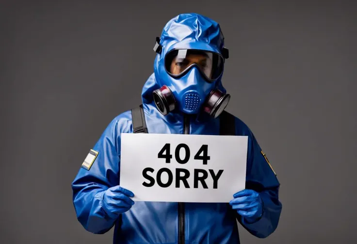 (masterpiece), faceless,
dark blue hazmat suit, black visor, showing document saying "404 SORRY",
HDR, vivid color