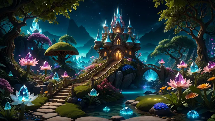 (photorealistic:1.2, Fujifilm XT3), cinematic composition, high fantasy, fantasy landscape, 4k wallpaper, postcard shot of fairy tale, fantasy garden, glowing crystals, magic, epic fantasy art, abyssaltech, pure energy, magic, idyllic, <lora:add-detail-xl:0.5>, (masterpiece:1.2), (epic composition:1.4), (talent:1.2), ultra detailed, cinematic lighting, highly detailed, insanely detailed, (photorealistic:1.2), hdr, 8k, exquisite, sharp, elegant, ambient lighting, fantasy vivid colors, high quality,