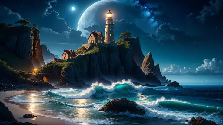 (photorealistic:1.2, Fujifilm XT3), cinematic composition, high fantasy, fantasy landscape, postcard shot of coast with cliffs and reefs, moonlight, reflection of night sky on the sea, waves, medieval lighthouse, epic fantasy art, abyssaltech, pure energy, magic, idyllic, <lora:add-detail-xl:0.5>, (masterpiece:1.2), (epic composition:1.4), (talent:1.2), ultra detailed, cinematic lighting, highly detailed, insanely detailed, (photorealistic:1.2), hdr, 8k, exquisite, sharp, elegant, ambient lighting, fantasy vivid colors, high quality,